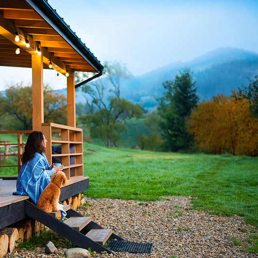 Dog owner sitting on porch observing a scenic view on their property.