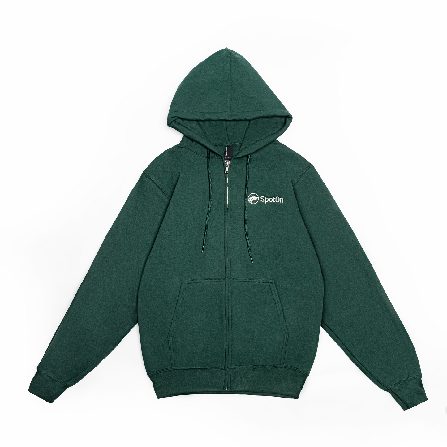 Green hoodie with a SpotOn logo.