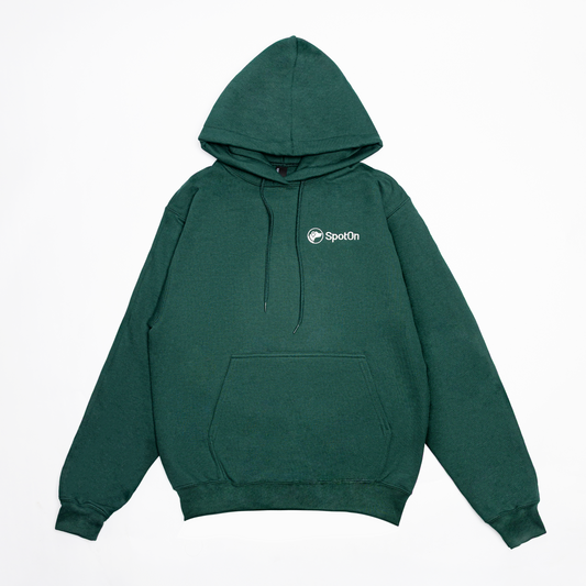 Green hoodie with a SpotOn logo.