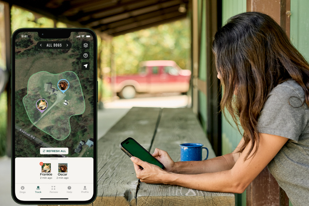 Woman using a smartphone with SpotOn app on a wooden bench with a blurred outdoor background
