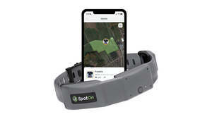 SpotOn GPS Omni Edition collar with smartphone displaying app on a white background