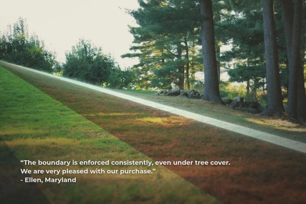 Image of a dog with a SpotOn collar, with a customer quote: “The boundary is enforced consistently, even under tree cover. We are very pleased with our purchase.”
- Ellen, Maryland